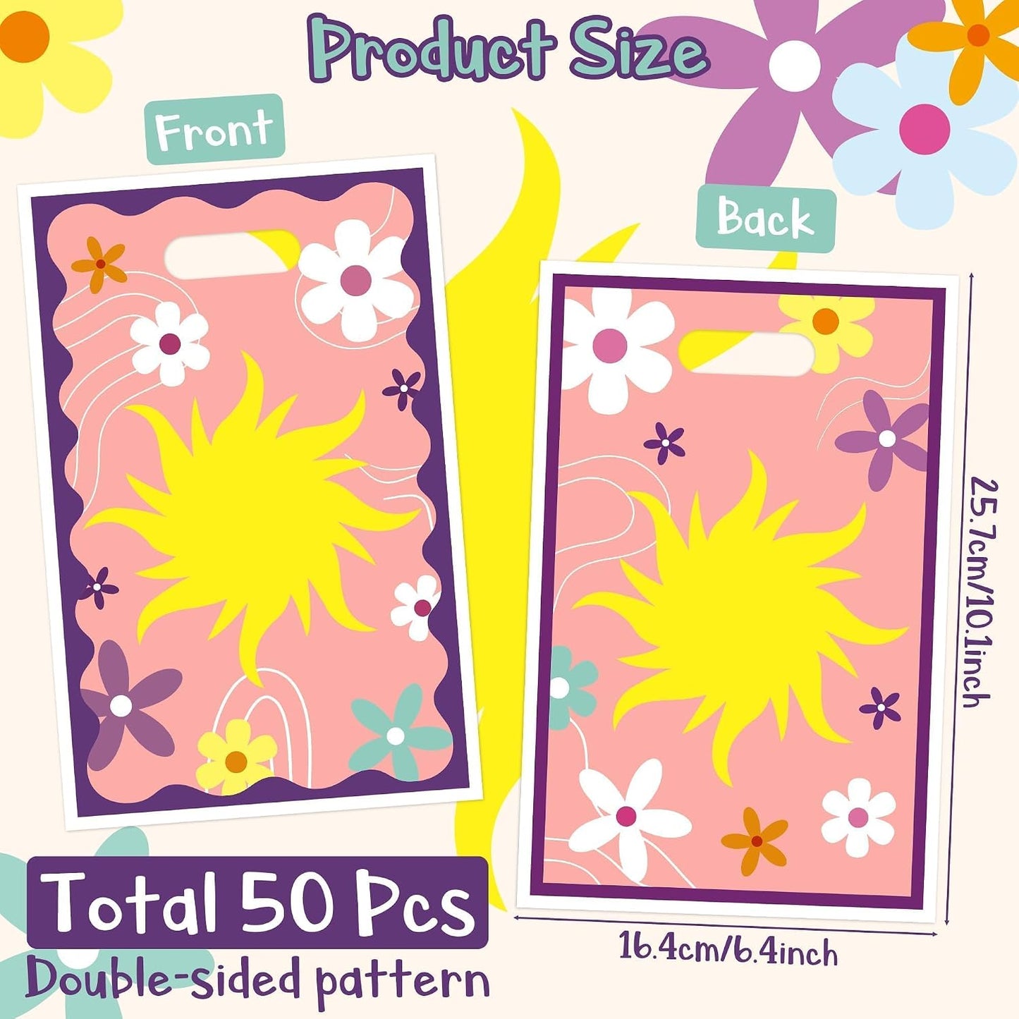 Salovio Princess Party Favor Supplies - 50 Pcs Sun Flower Candy Gift Bags | Kids Adults Birthday Party, Purple Princess Peach Favor Holders, Cute Back to School Supplies, Cookie Plastic Bagswith Handle BST202
