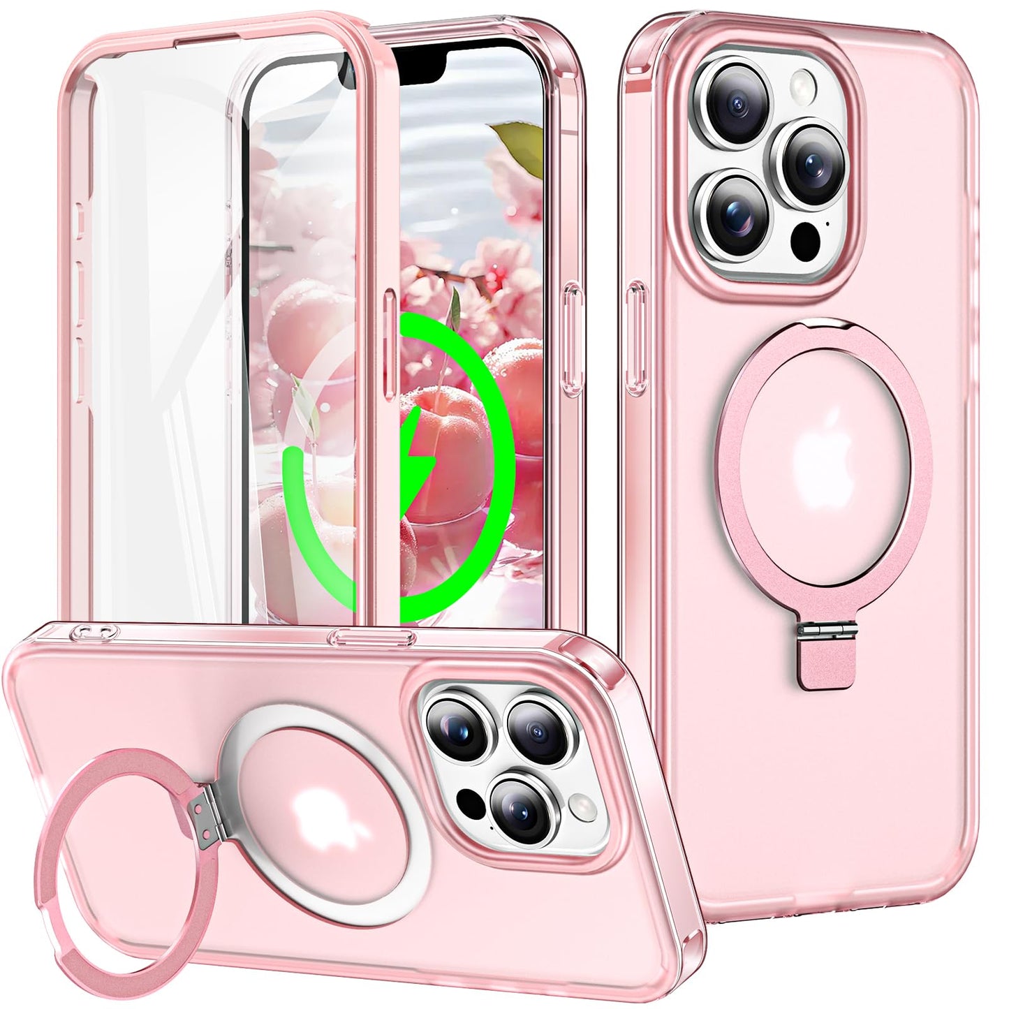 for iPhone 13 Pro Full Body Shockproof Case with Magnetic Invisible Stand [Compatible with MagSafe] Built-in Screen Protector Military Drop ProtectionTranslucent Phone Cover -Hot Pink WN420