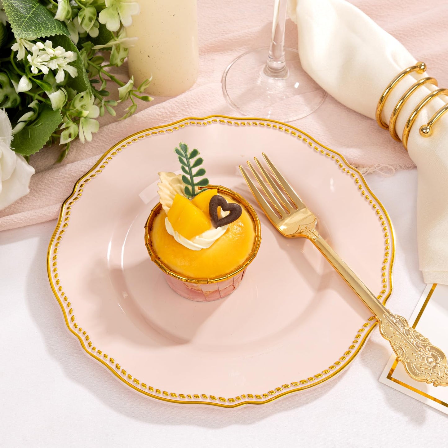 Hioasis 60pcs Pink Plastic Plates - Pink and Gold Disposable Dinnerware with Gold Rim N26
