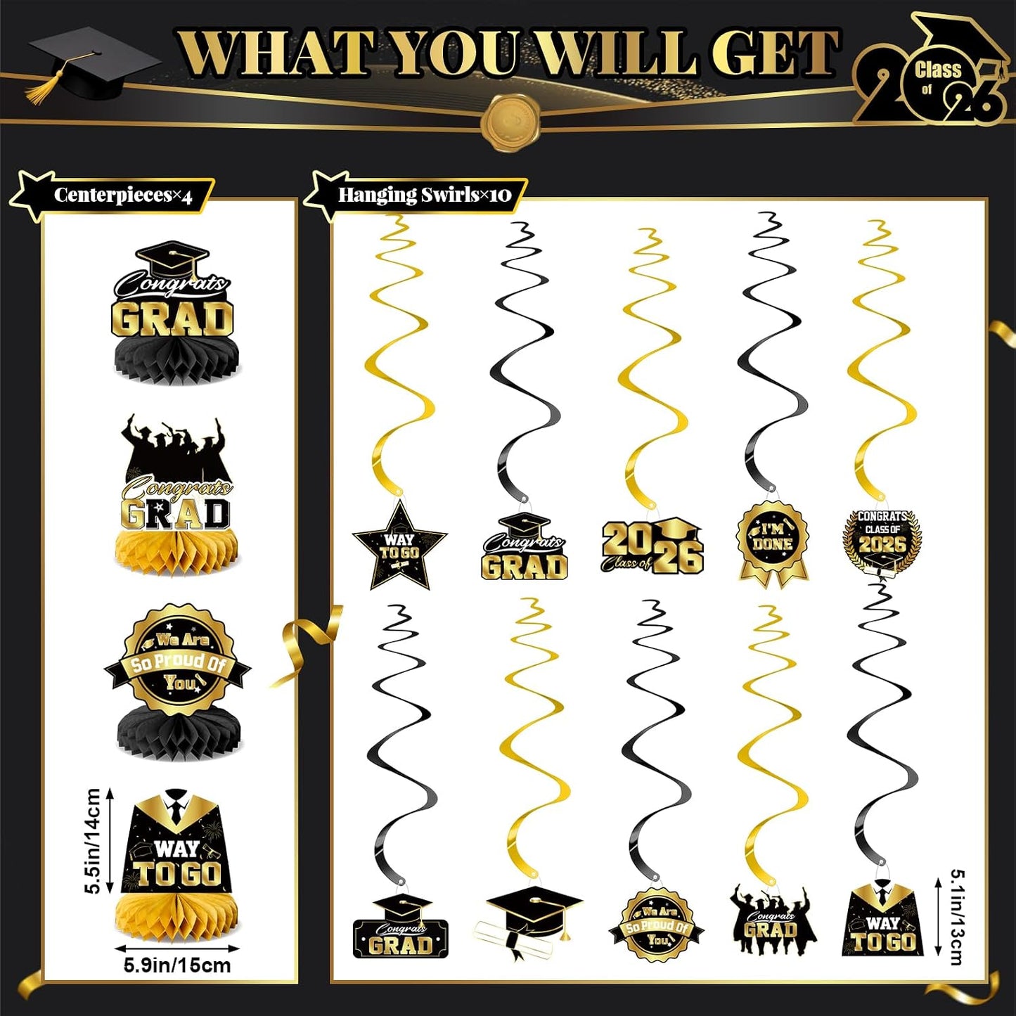 Graduation Decorations 2026-Black and Gold Graduation Party Decorations Supplies Class of 2026 with Graduation Banner, Backdrop, Balloons, Centerpieces, Hanging Swirl for Grad Party BST326H