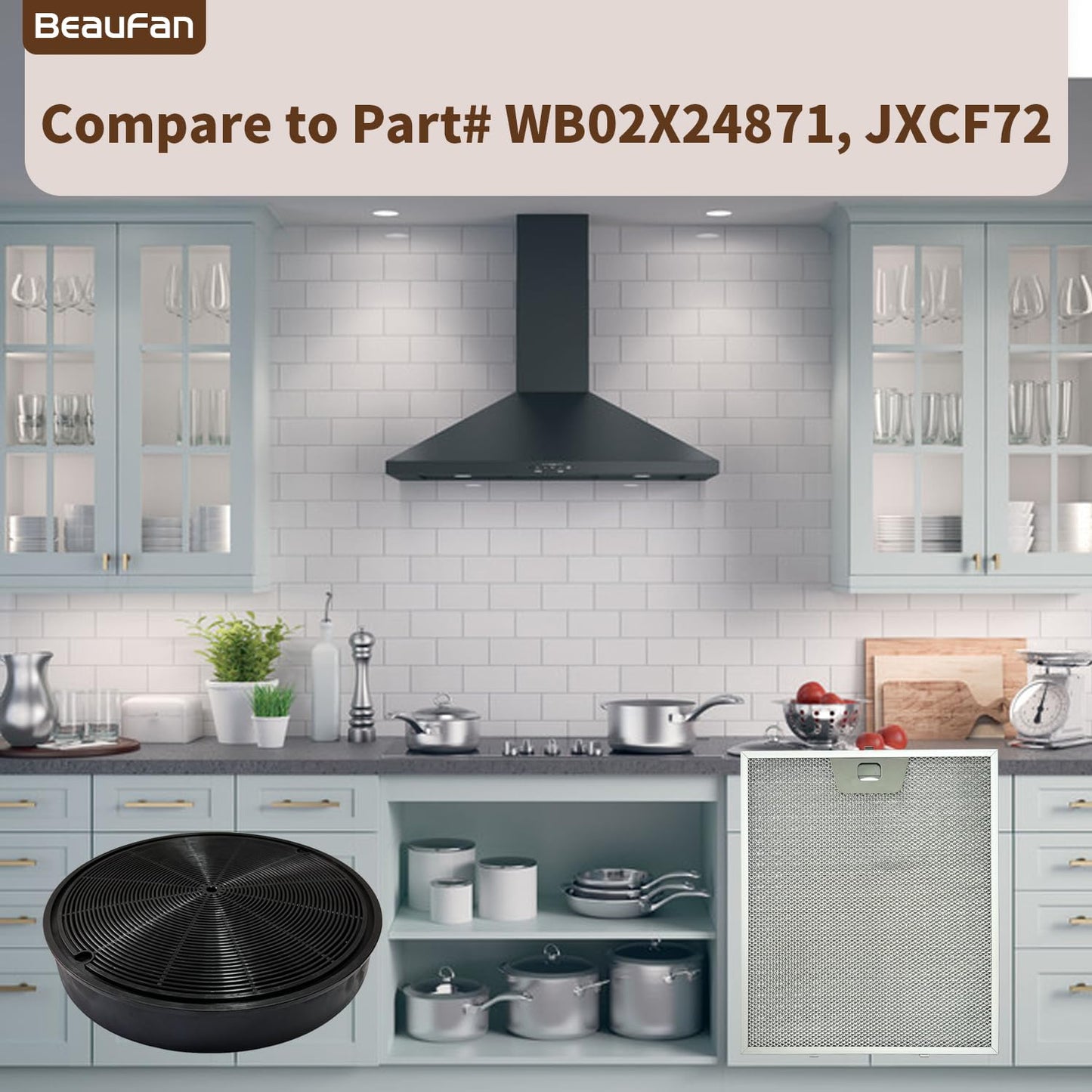2 Pack WB02X24872 Range Vent Hood Grease Filter & 2 Pack JXCF72 WB02X24842 Charcoal Filter Compatible with GE Range Hoods JVW5301EJ1ES, JVW5301SJ1SS, JVW5301BJ1TS, JVW5301FJ1DS, JVW5301EJ2ES BST220
