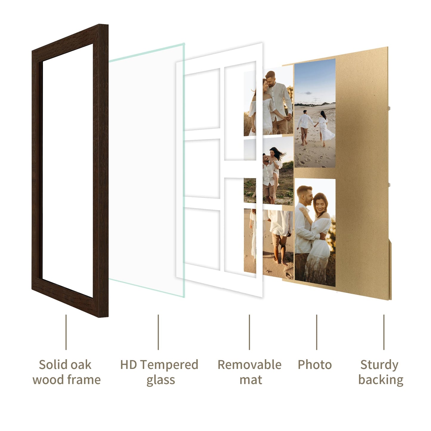 YESKAY 12x16 Picture Frame - 12 x 16 Photo Frame Made of Solid Oak Wood and Real Glass,Display Picture 4 Opening 5x7 with Mat or 12x16 Without Mat for Wall Mounting(Color Walnut) BST326H