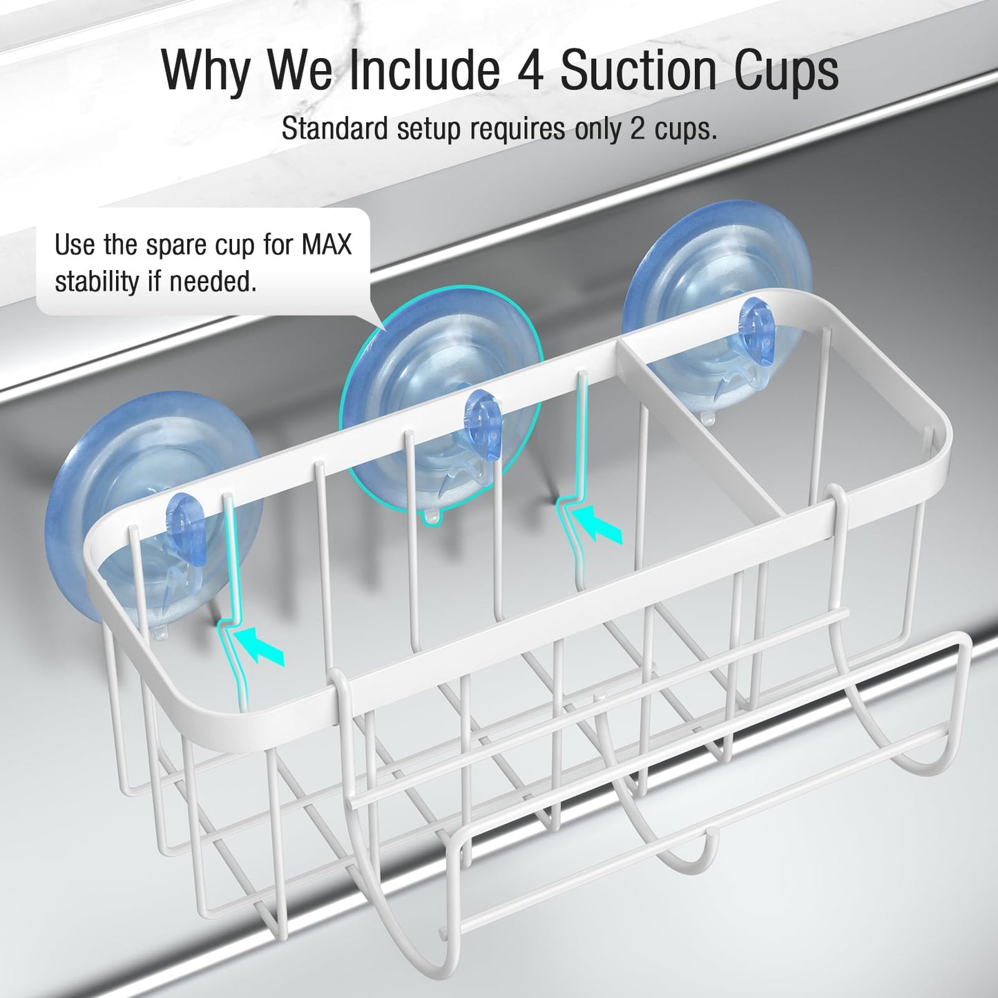 3-in-1 Kitchen Sink Caddy Organizer with Sponge Holder, Brush Holder, Extra Rack for Scrubber, Sink Stopper, Dish Cloth Hanger - Strong Dual Suction Cup, 2.0mm SUS304 Stainless Steel - Grey WN420