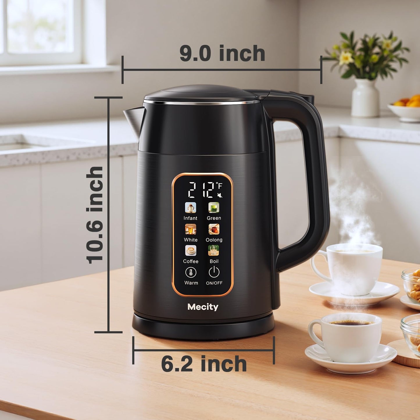 Mecity Electric Kettle 1.7L Touch Screen Temperature Control Water Boiler, No Plastic Contact with Water. 6 Preset Temperature Programs, 2 Hours Keep Warm, Auto Shut Off, Dark Grey DD1210