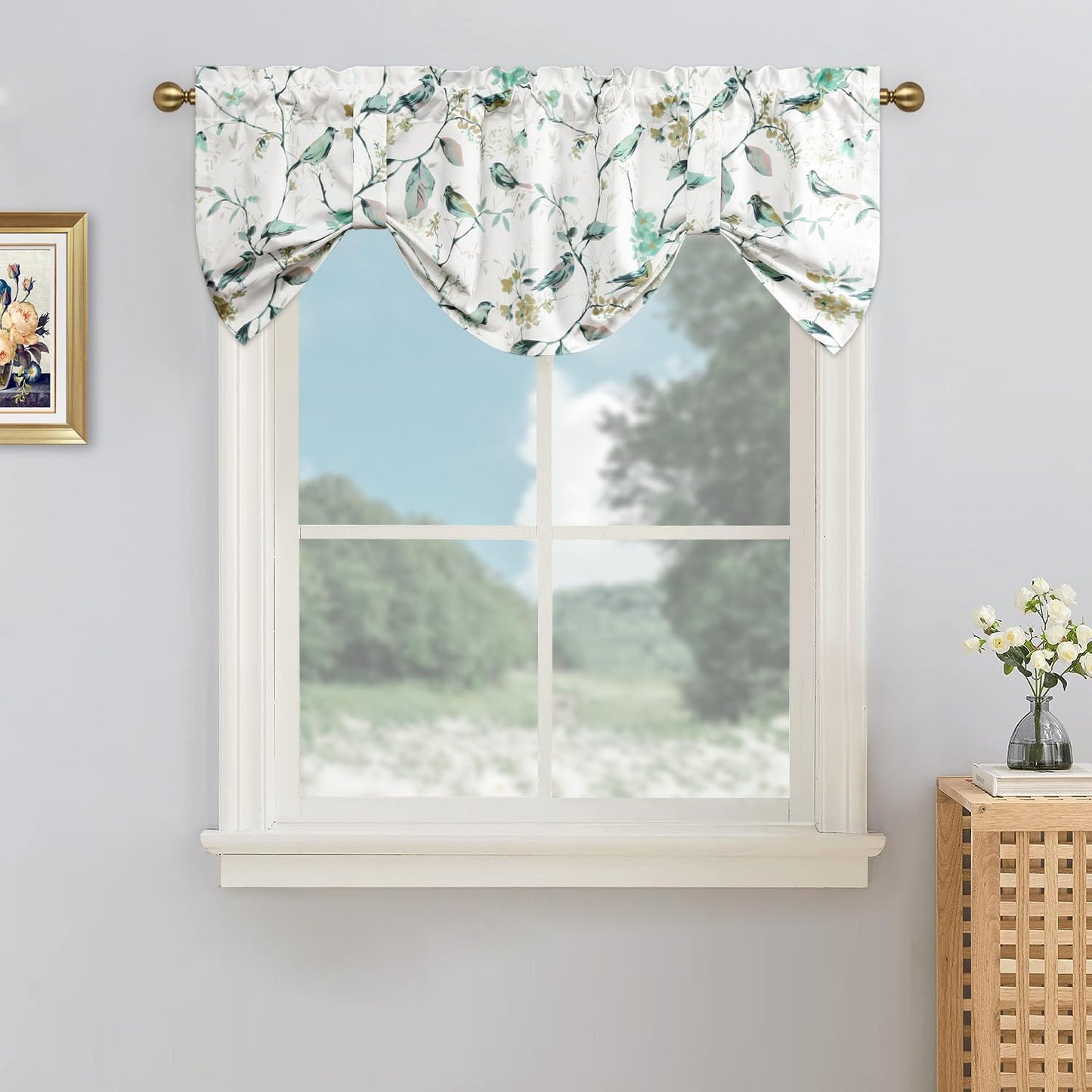 Leeva Tie Up Valance for Windows, Elegant Birds Pattern Light Filtering Window Treatment Valances for Bedroom Kitchen, One Panel, 52 x 18, Light Blue BST220