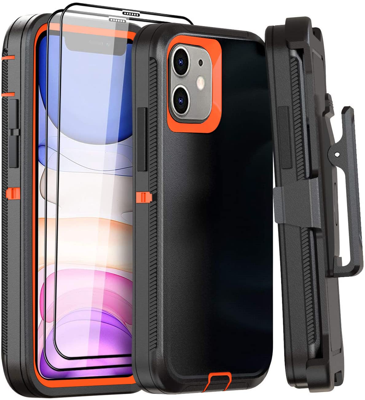 for iPhone 11 Case with Belt Clip Holster Kickstand & 2 Screen Protector, Full Protection Heavy Duty Phone Case, Shockproof Drop-Proof Durable Cover 6.1" [Black+Clip] WN420