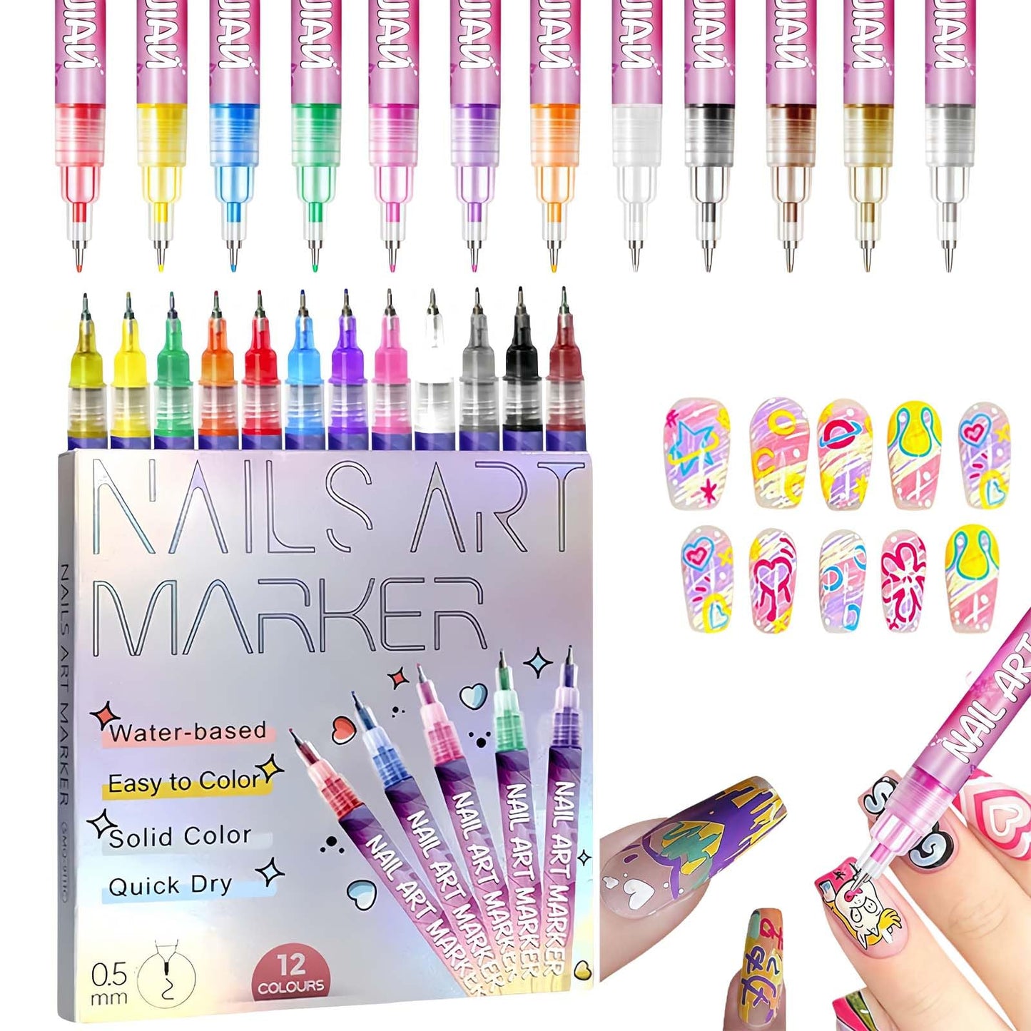 Nail Art Pens Set, 0.5mm Quick Dry Dotting Liner Markers | Upgrade Nails Art Markers Nail Pens for Girls Quick Dry Graffiti Dotting Point Liner Pens for Home Salon BST220