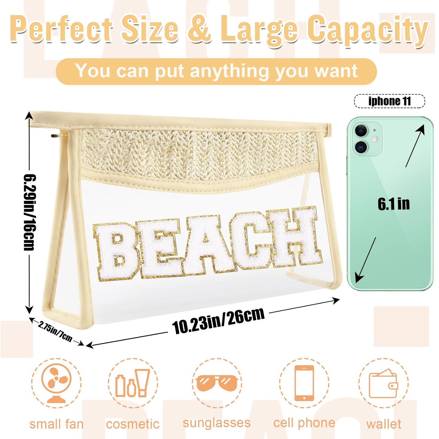Boho Clear Makeup Bag Cosmetic Zipper Pouch Purse, Clear Toiletry Bags Travel Small Preppy Cute DIY Chenille Letter Bag, Transparent PVC Waterproof Clutch Make Up Organizer Storage Bag for Women Girls BST220
