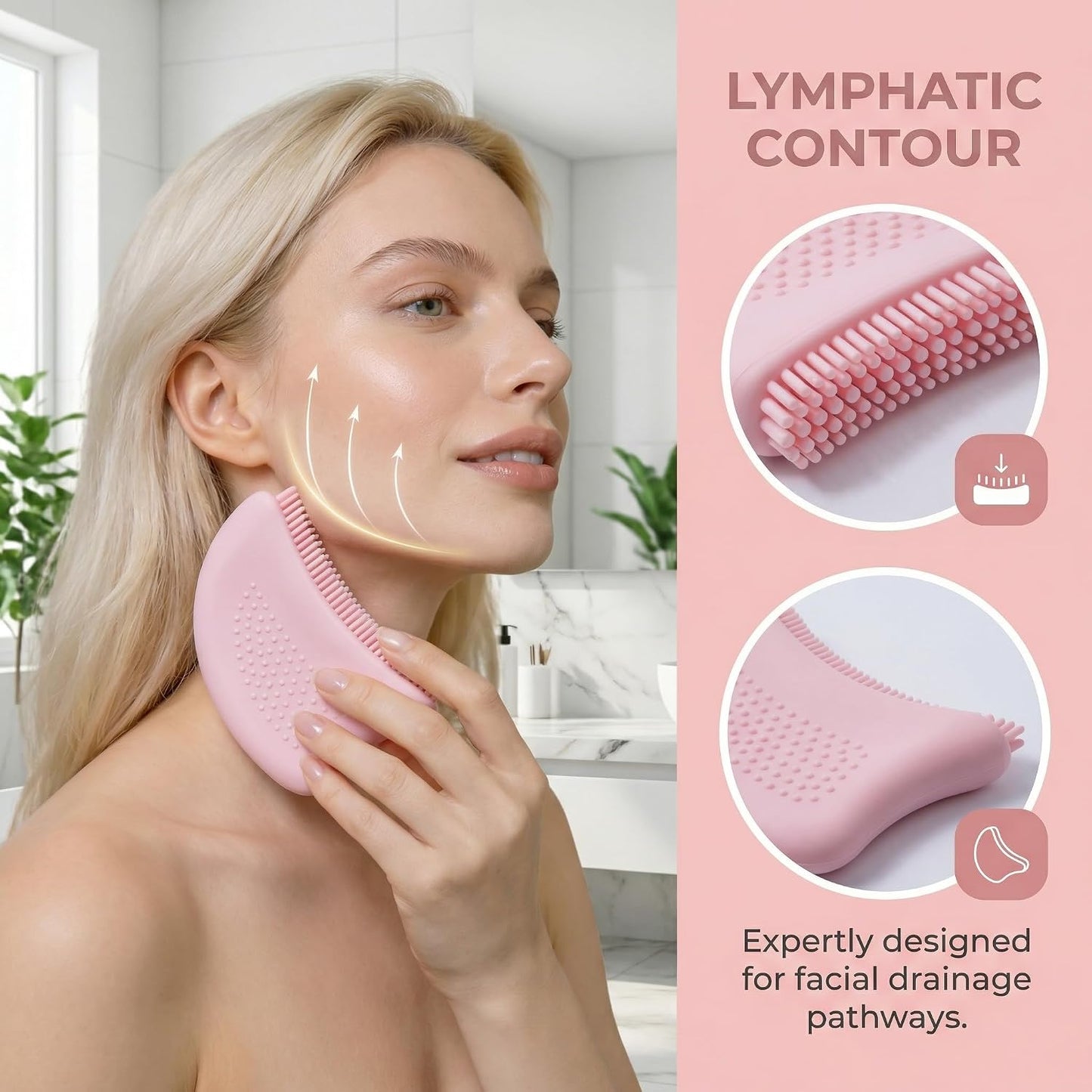 Lymphatic Contour Face Brush, Silicone Pink Facial Drainage Massage Tool for Face Neck Chin Lifting, Anti-Aging Skin Care Device (1 Pcs) WN420