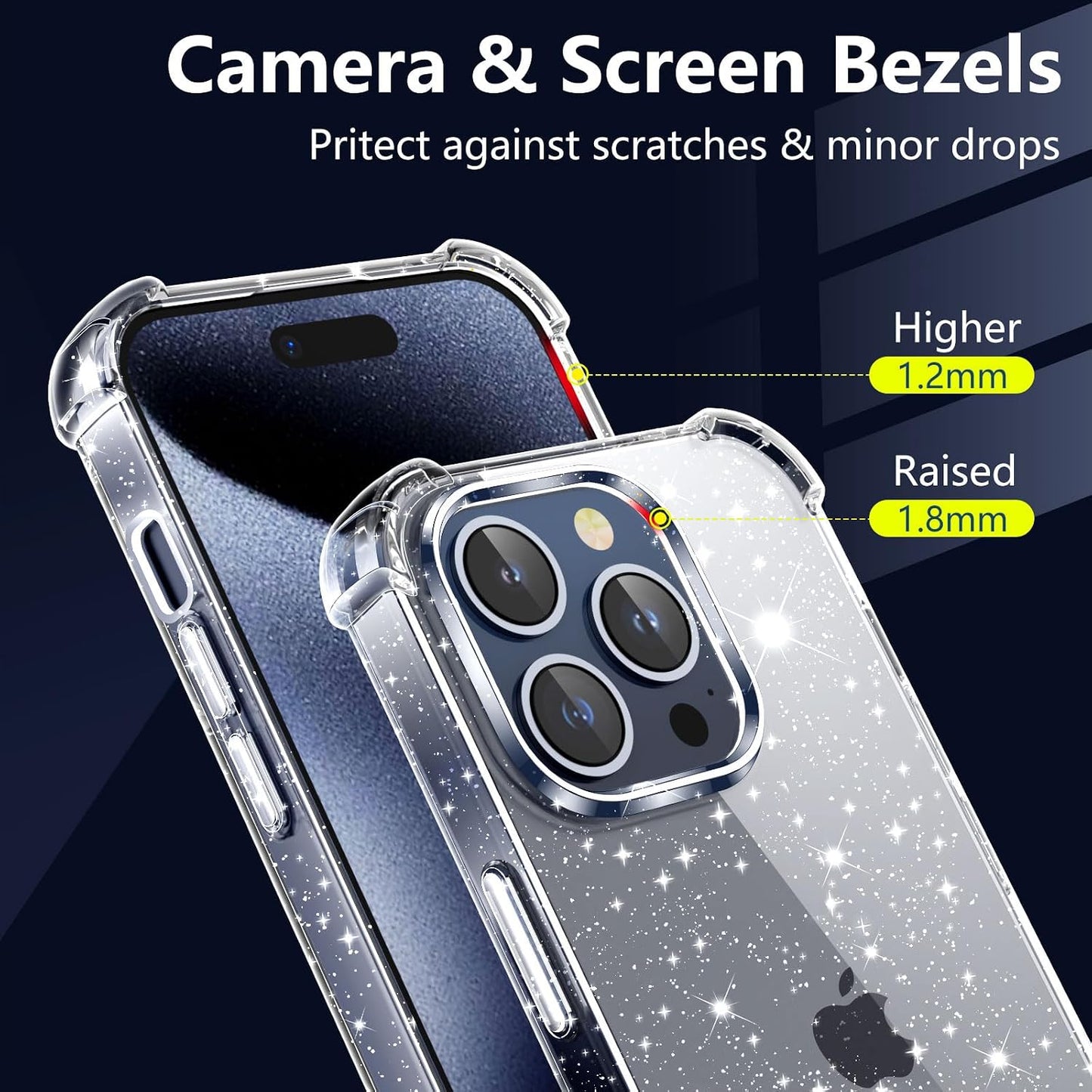 for iPhone 15 Pro Case Glitter with 2 Pack Screen Protector + 2 Pack Camera Lens Protector, Clear Glittering Cute Phone Case Shockproof Soft TPU Bumper Cover for Women Girls WN420