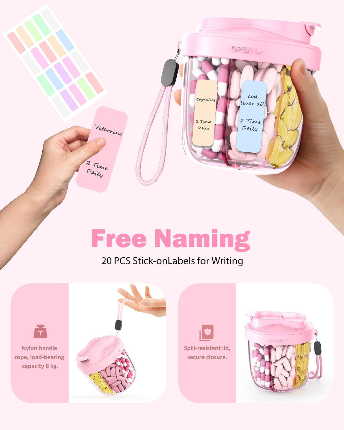 Cute Pill Organizer,Pill Dispenser with 7 Large Compartments,Portable Pill Bottle Box with Wide Opening for Easy Use, Anti-Mix Pills Organizer for Travel,Includes 20 Pcs Sticky Labels(Black) WN420