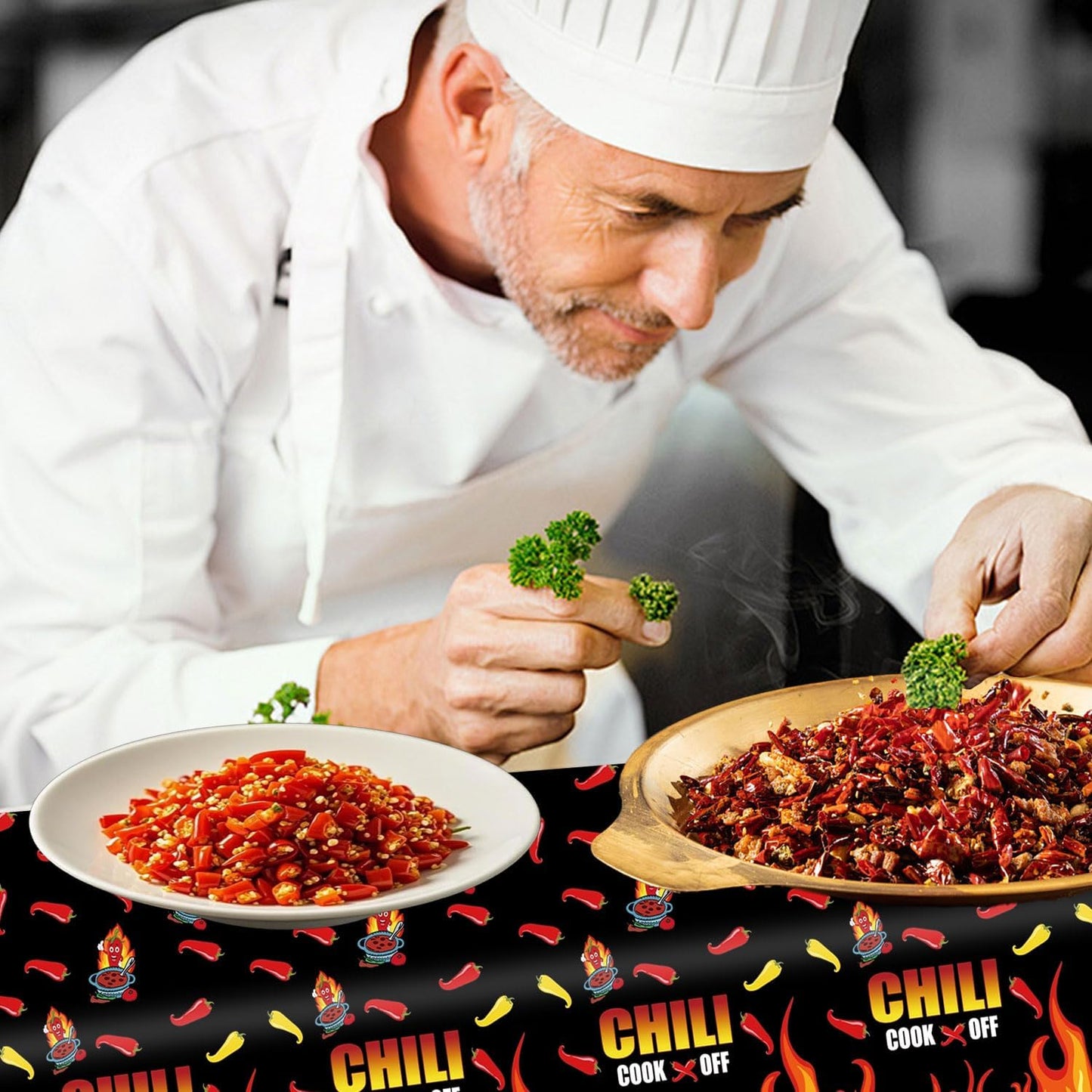4Pcs Chili Cook Off Decorations Set Include 3P 51.2" x 86.8" Disposable Chili Pepper Flame Plastic Table Covers and Chili Cook Off Banner Chili Cooking Contest Party Supplies Chili Pepper Decorations BST326L