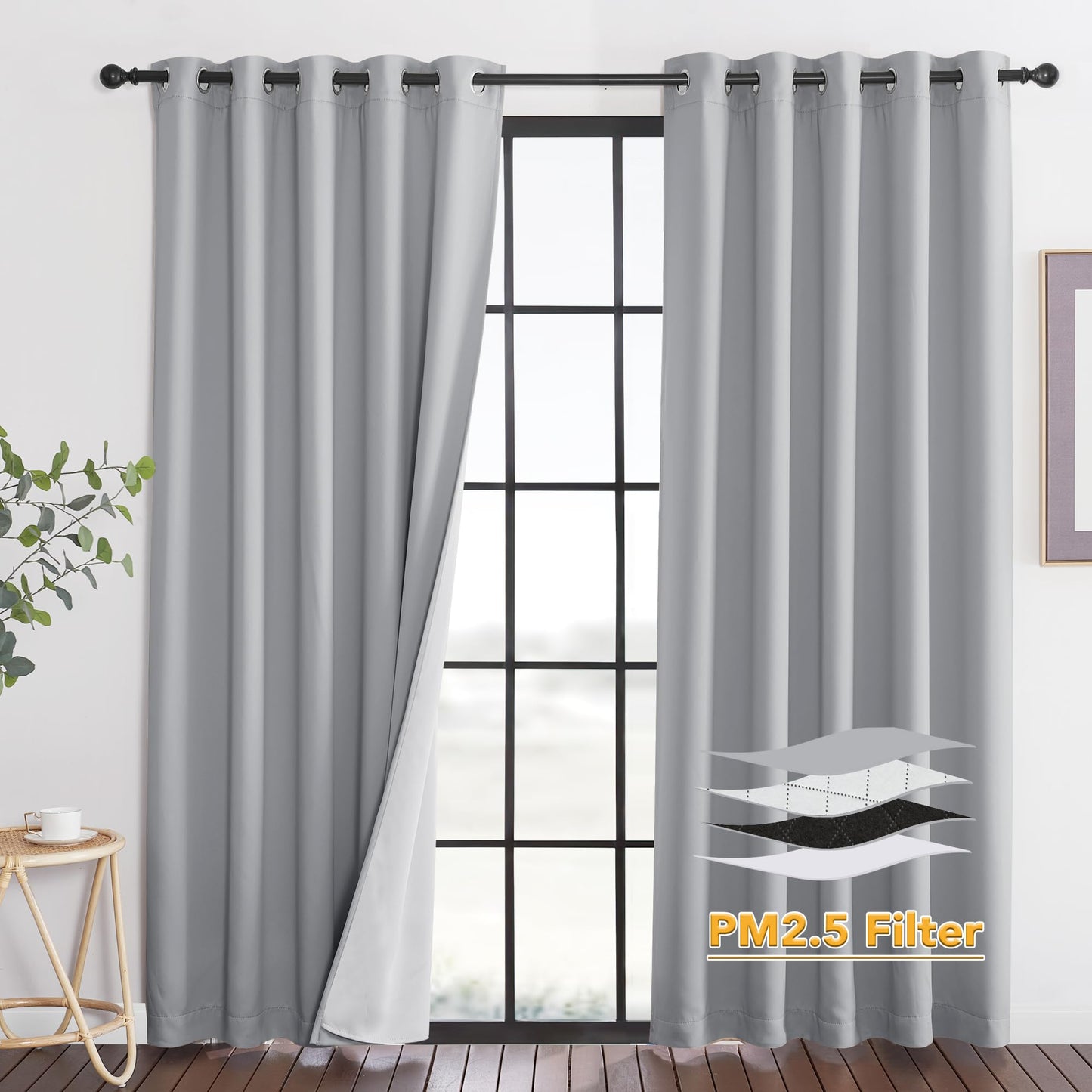RYB HOME 4-in-1 Dust Filtering Soundproof Blackout Insulating Privacy Window Curtains for Nursery Bedroom Living Room Rivider Sound Absorption Sheet, Black, W52 x L90 inch, 2 Panels BST220