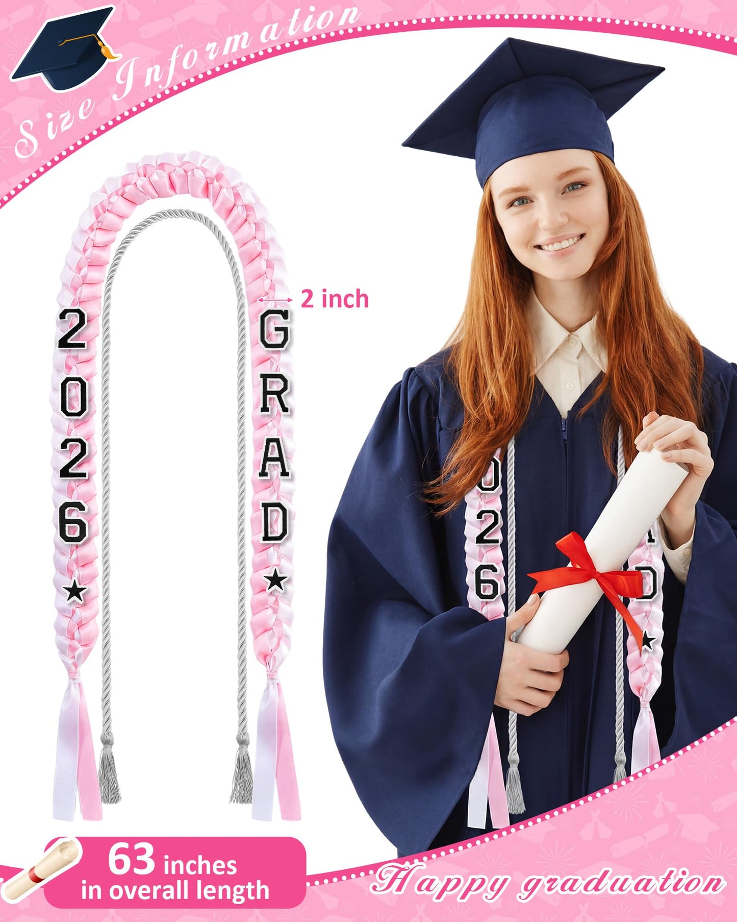 Cindeer 2026 Graduation Ribbon Lei Set Handmade Braided Necklace Honor Cord with Tassel 2026 Grad Embroidery Patches for High School College Graduation Party Supplies(Black, Red) BST220