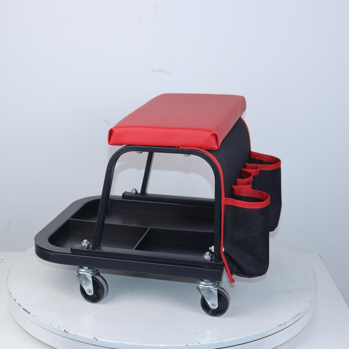 Rolling Mechanic Garage Stool on Wheels with Padded Cushion, Tool Tray Storage and Side Pockets, 300 LBS Capacity, Red BST220