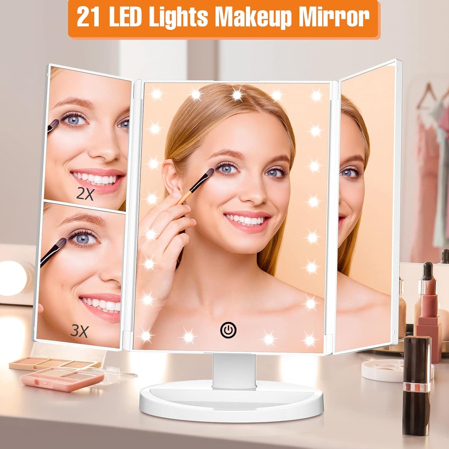 Tri-Fold LED Lighted Table Mirror - LED Lighted Makeup Mirror 74