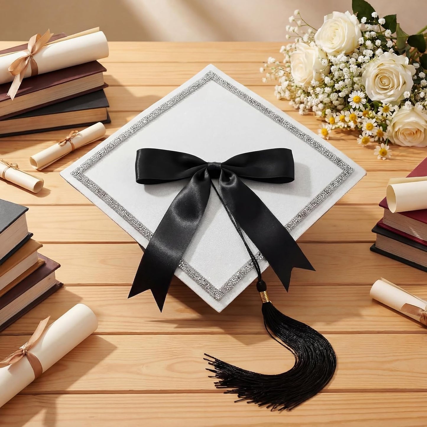 Dunzoom White DIY Graduation Cap Decorations Kit Rhinestone Grad Cap Topper with Tassel Black Bow Glitter Graduation Hat for Class of 2026 Graduate Ceremony Adult Grad Party Gift Art Craft WN420