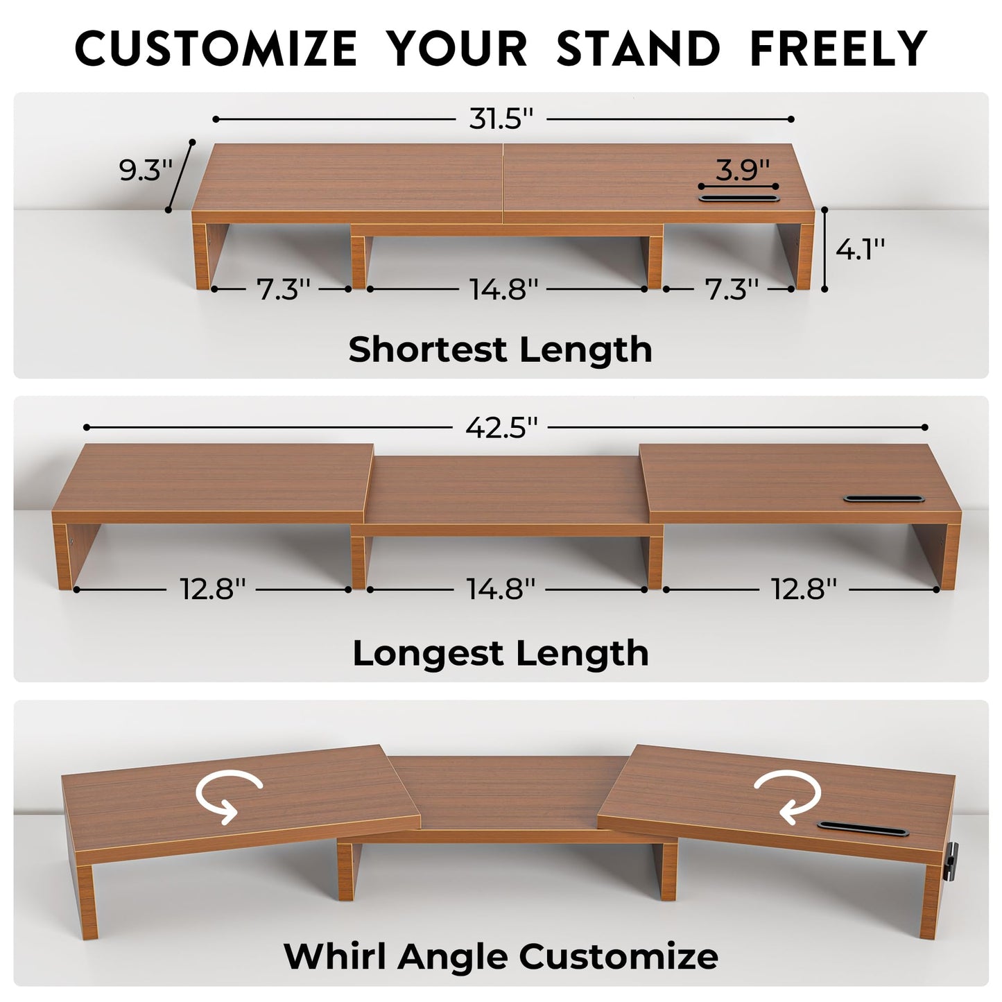 BONTEC Dual Monitor Stand Riser, Adjustable Length & Swivel Angle, Pink | Ergonomic Wooden Desktop Organizer with Smartphone Holder, Computer Monitor Stand for PC, Laptop, Printer and Large Storage BST202