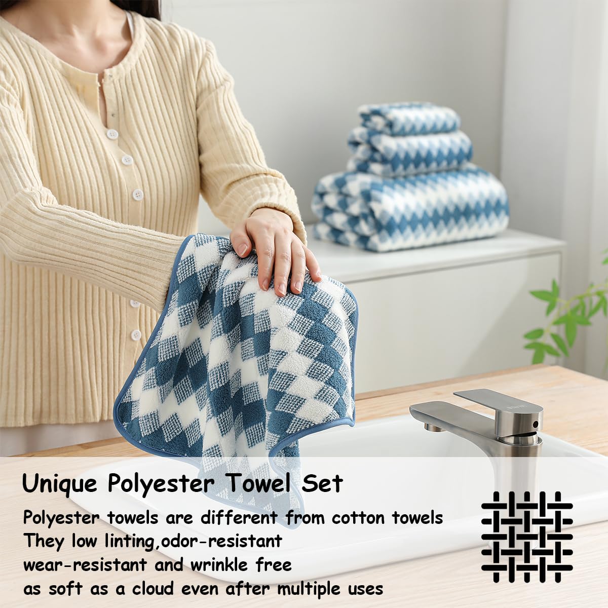 12 Pcs Light Gray Diamond Towel Set-4 Bath Towels,4 Hand Towels,4 Washcloths Soft Polyester Towels with Loop Absorbent Shower Towel Quick Dry Beach Chair Towel Family Towels for Bathroom Spa Gym Pool BST220