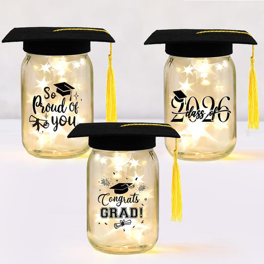 3 Sets 2026 Graduation Centerpieces for Tables, Glowing Mason Jar Centerpieces with Graduation Caps, Glowing Money Jars for College High School Congrats Grad Party Decor Supplies WN420