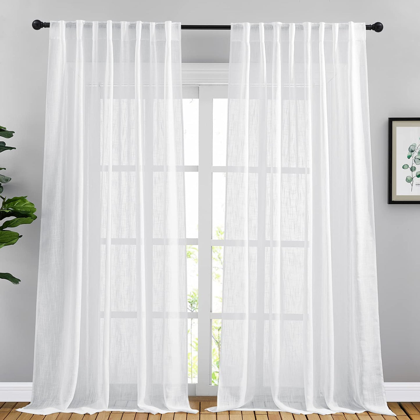NICETOWN White Semi Sheer Kitchen Curtains 30 inch Length, Rod Pocket & Back Tab Faux Linen Blend Privacy with Light Filtering Window Drapes for Cafe, W34 x L30, 2 Panels BST220