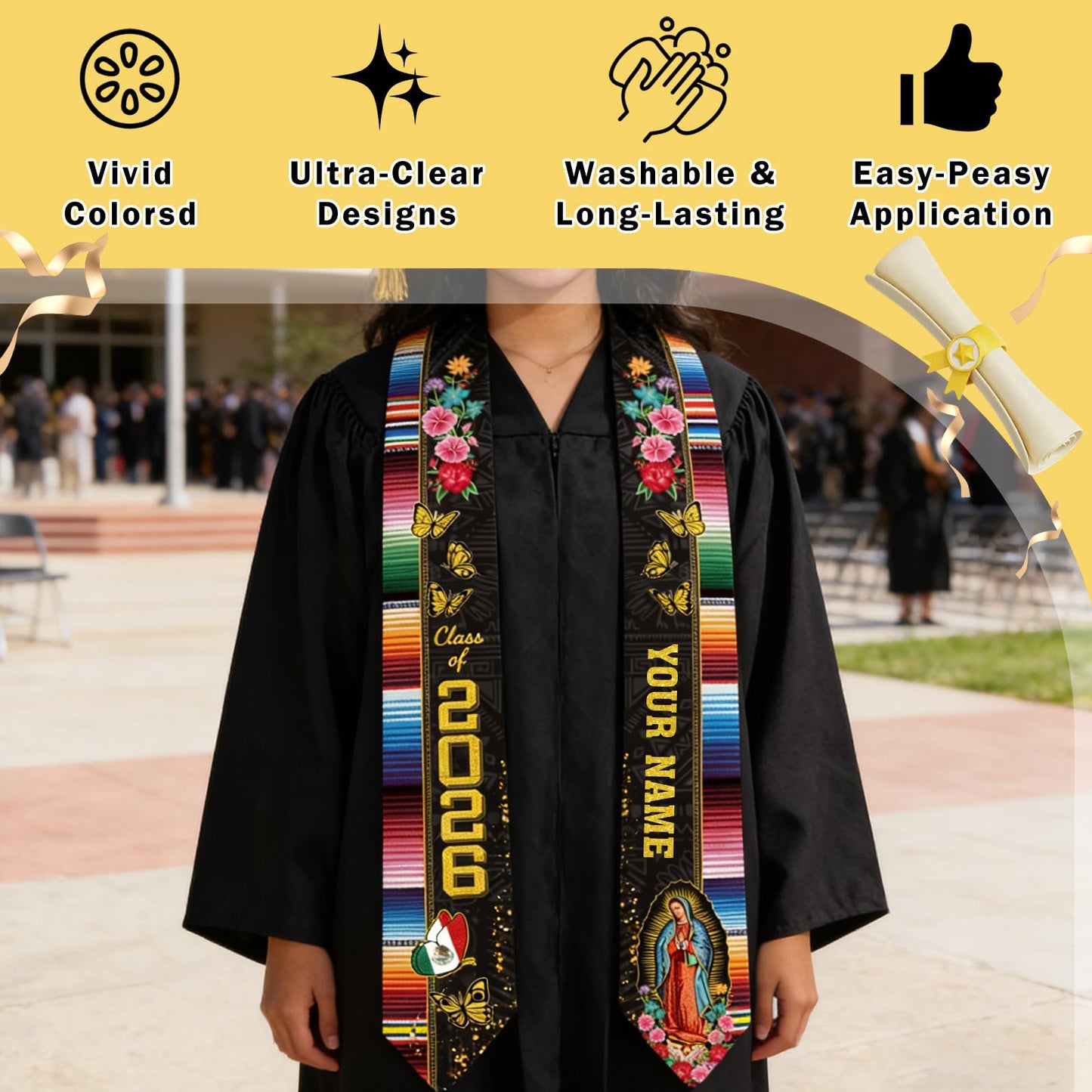 Dazoratix Filipino Graduation Stole 2026 - Philippines American Flag Sash Personalized Custom Glitter Iron on Letters Patches DIY Customize Transfer Stickers for Senior Student School Grad Decorations BST326L