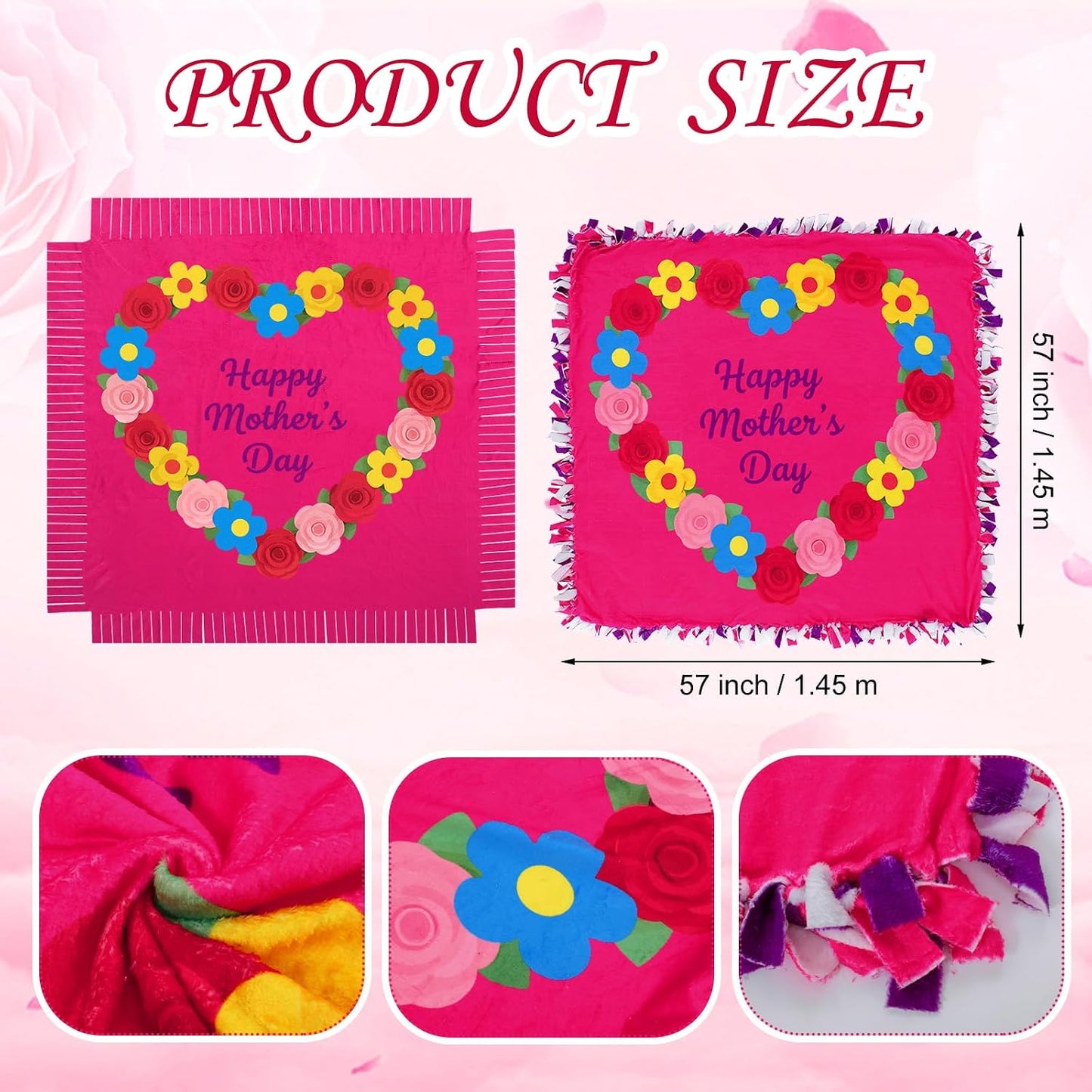 Chumia 2 Pcs/1 Set Mother's Day DIY Tie Blankets Fleece Kit Mom No Sew Blanket Craft 57 x 57 Inch No Sew Fleece Fabric Tie Knot Throw Make Happy Mother's Day Best Mom Appreciation Gifts for Bed Couch BST202