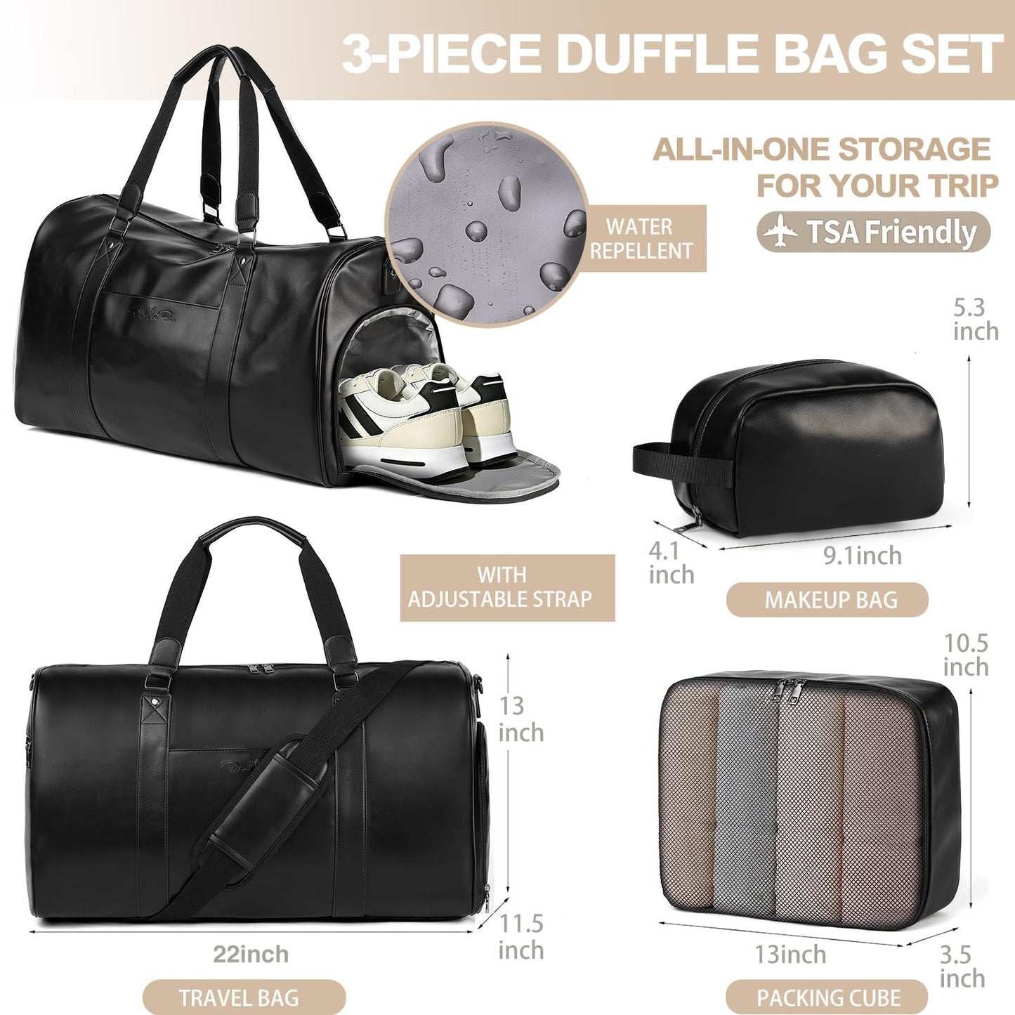 Large 4-in-1 Leather Duffle Bag for Travel Weekender Overnight Hospital Gym Bag for Men & Women, Carry On Airline Approved Personal Item Duffel Garment Bag Luggage with Shoe Compartment & Toiletry Bag BST326H