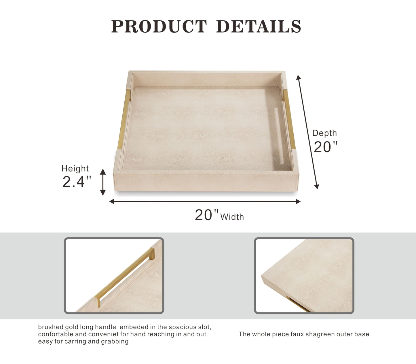 Sagala 16"x16" Ivory Shagreen Leather Serving Tray with Handles for Ottoman Coffee Table, Stylish Decorative Tray for Living Room Modern Home Decor (Ivory-Black, Square 16") BST220