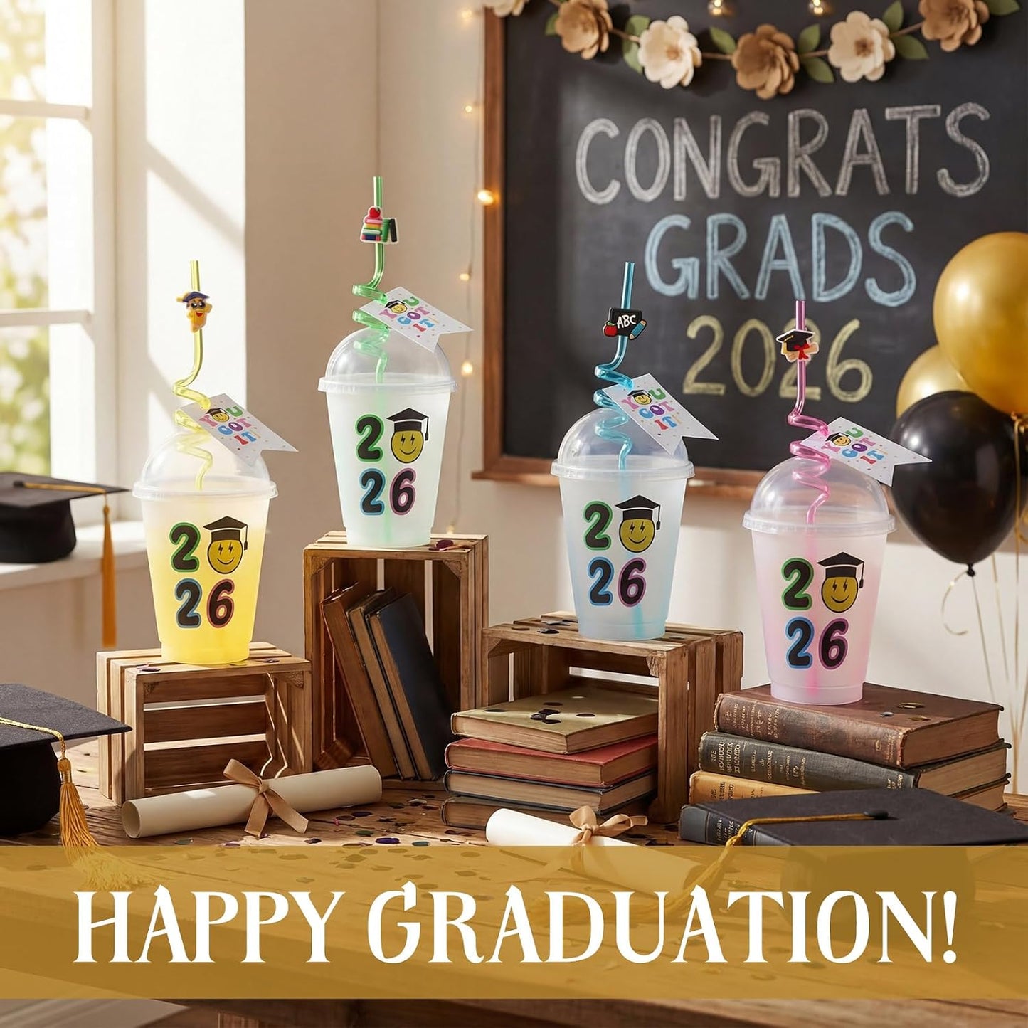 Domensi 24 Sets Graduation Plastic Cups with Lids Spiral Straws Tag Card Class of 2026 Congrats Grad Drinking Mugs 16 oz Gifts Tumbler for Preschool Middle School Graduation Party Favor BST220