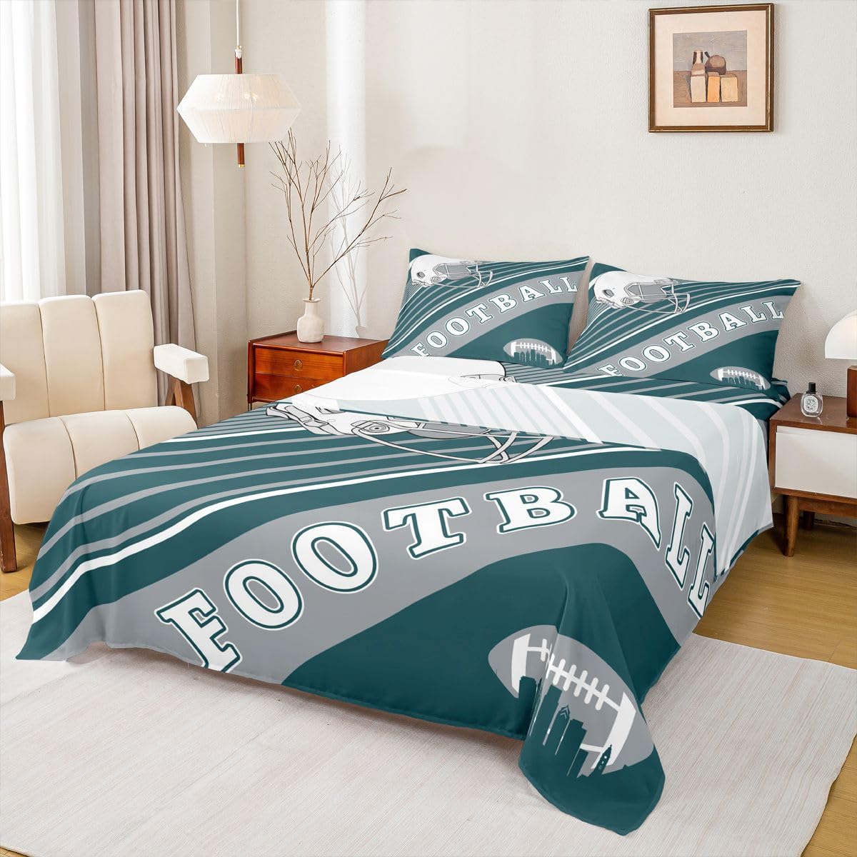 Erosebridal Gridiron Sheet Set Sports Ball Game Sheets Twin for Boys Girls Rugby Competition Game Bed Sheets Set, Football Themed Bedding Set with 1 Pillowcase BST326H