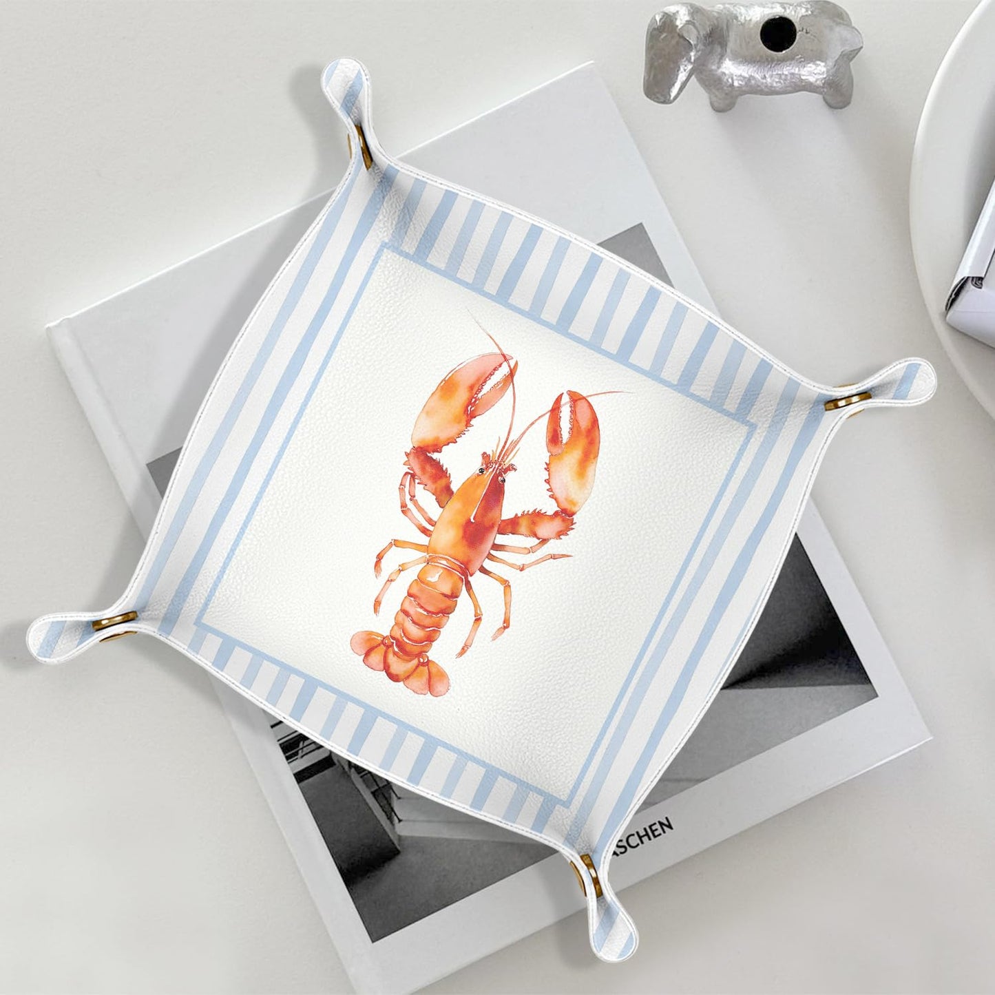 Marble Jewelry Valet Tray for Women Men, Black and Gold Marble PU Leather Catchall Beside Caddy Nightstand Organizer Tray for Jewelry Rings Watches Keys and Accessories, 7.87x7.87in BST220