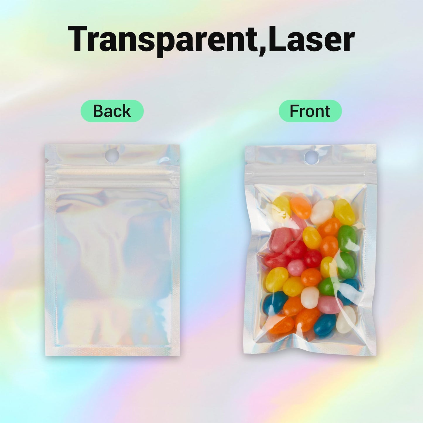 Holographic Mylar bags -100Pcs Self-Seal Resealable Zip Baggies with Clear Window, Smell Proof Laser Iridescent White 3x4.7 inch for Small Business Samples, Party favors,Snacks,Jewelry BST326L