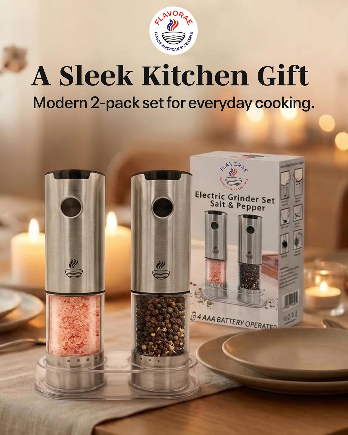Electric Salt and Pepper Grinder Set - Black 2 Pack Battery Operated Mills with 95ml Large Capacity, Adjustable Coarseness, Built-in LED Light, Automatic Salt & Pepper Shakers for Kitchen BST220