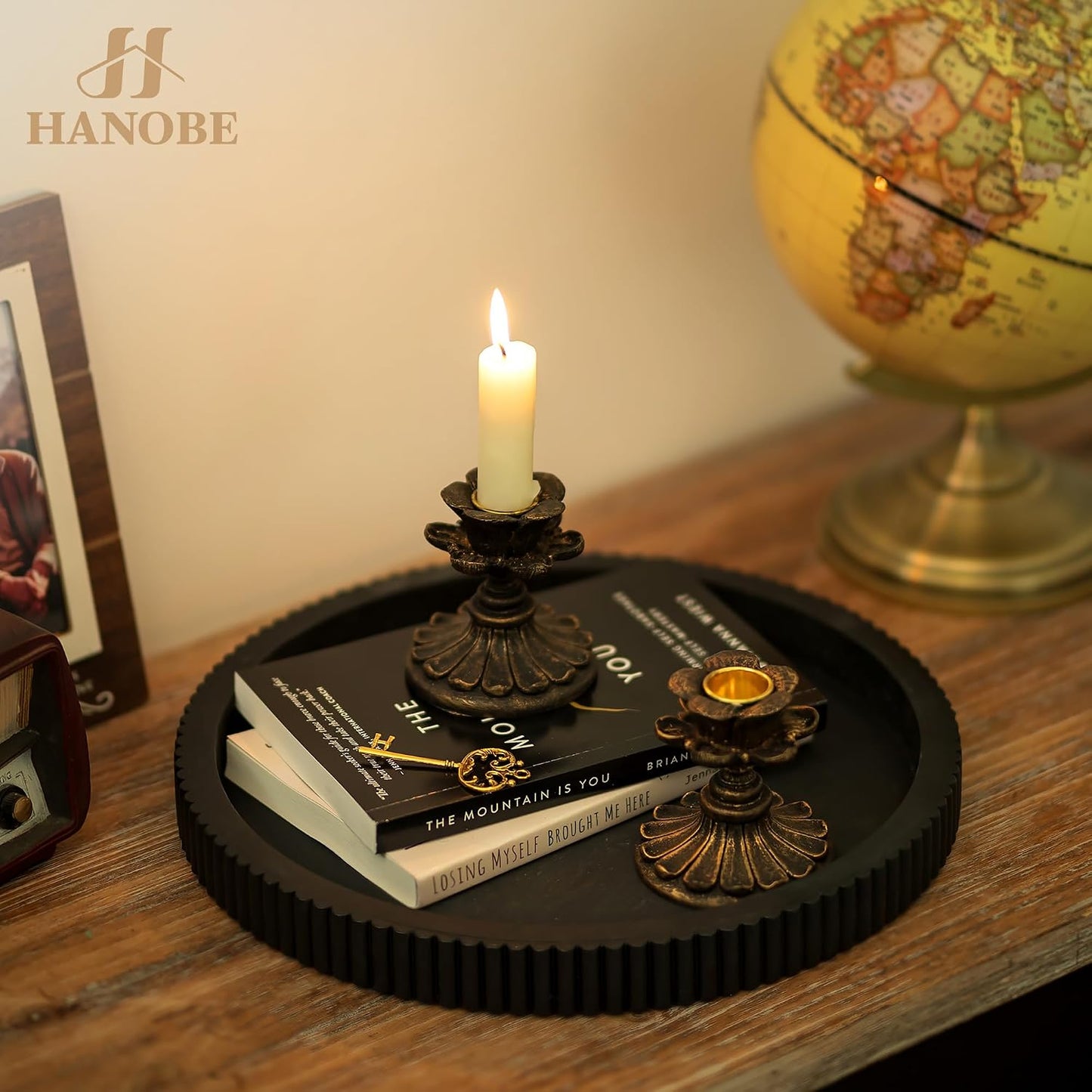 Hanobe Black Decorative Coffee Table Tray, Scalloped Edge | 12" round wood centerpiece tray, ideal for living room, entryway table, kitchen island, fits modern decor. BST326H