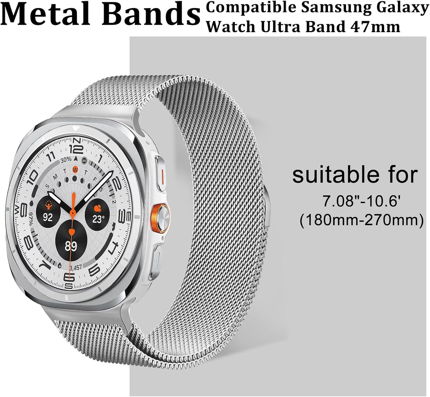 surundo Compatible with Galaxy Watch Ultra Bands 47mm(2024) for Women Men, Metal Mesh Milanese Loop Magnetic Clasp Adjustable Strap Replacement for Samsung Galaxy Watch 7 Ultra 47 mm, Silver WN420