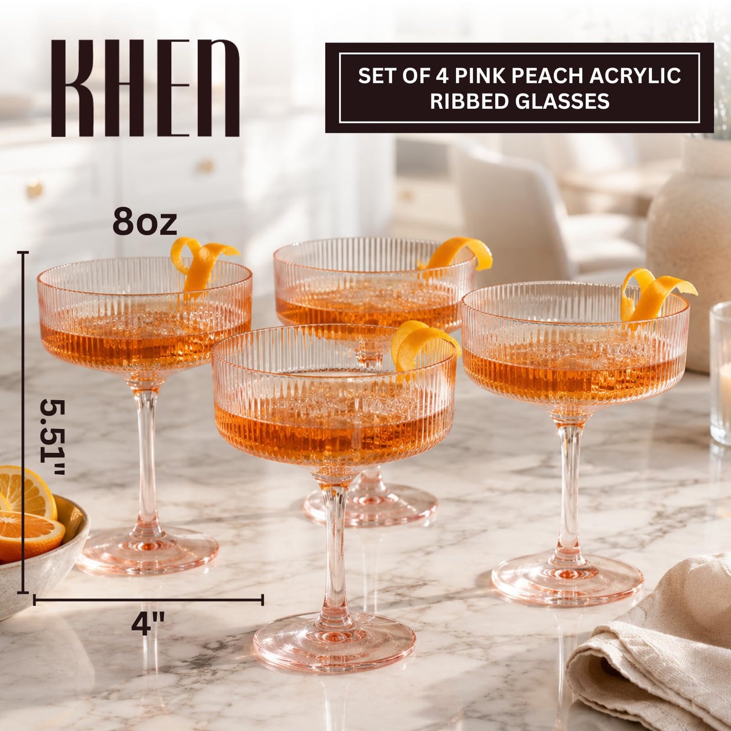 Khen Pink Peach Acrylic Ribbed Coupe Martini Champagne Cocktail Glasses, Set of 4, 8 oz Shatterproof Ripple Stemware European Style Reusable Drinkware Goblets, Indoor Outdoor Parties Weddings Bar Gift BST220