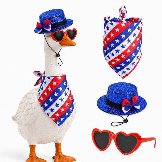 Chris.W 4th of July Porch Goose Outfit Patriotic Porch Goose Outfits with Hat Sunglasses & Star Bandana for 23" 19" 17" Garden Goose Statue, American Flag Independence Day Yard Decor BST326H