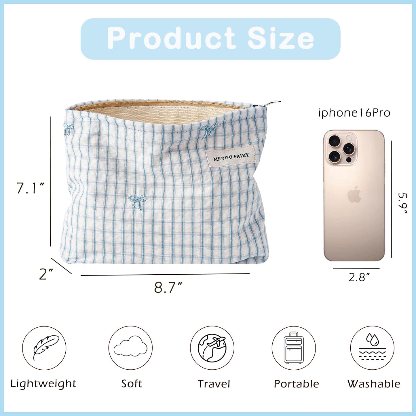 RSRSLEII Striped Makeup Bag for Women, White Cosmetic Bag with Bow, Travel Toiletry Cosmetic Bag with Zipper, Cute Women Aesthetic Organizer Storage Pouch, Girls Handbags Purses (06 White Stripe Bow) BST220