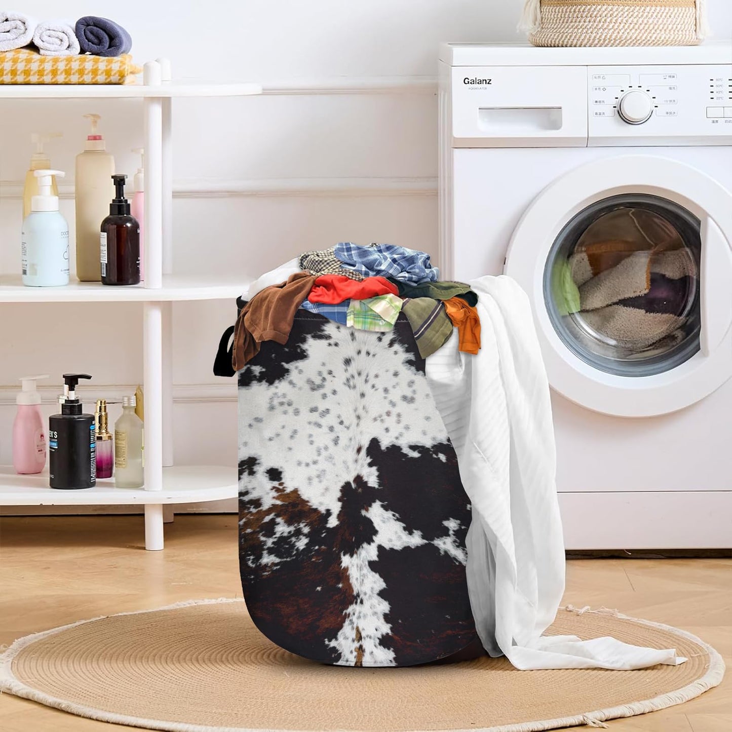 Nature Cow Print Laundry Basket with Sturdy Handles, Cow Skin Collapsible Oxford Cloth Laundry Hamper Organizer Basket for Bathroom Bedroom 15.7x20 Inch BST220