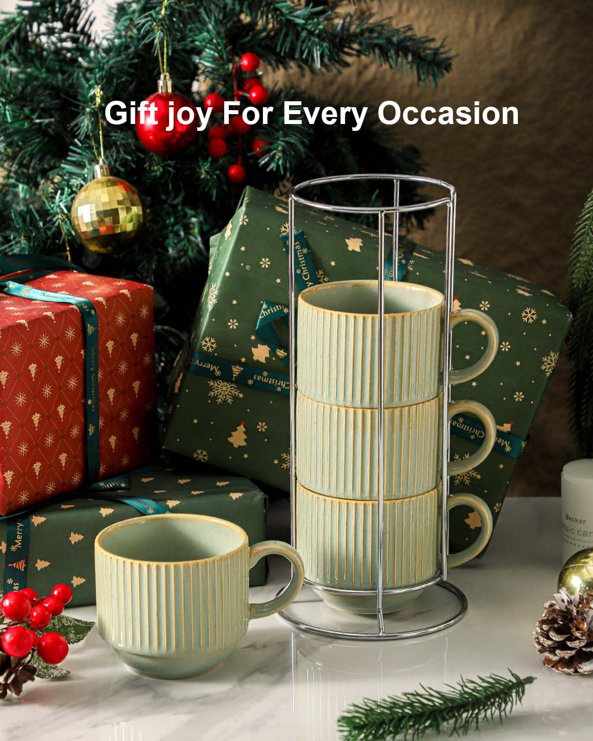 HASENSE 15 oz Ribbed Stackable Coffee Mug Set of 4, Porcelain Latte Cups with Metal Rack, Dishwasher & Microwave Safe, Cappuccino Tea Hot Cocoa, White BST220