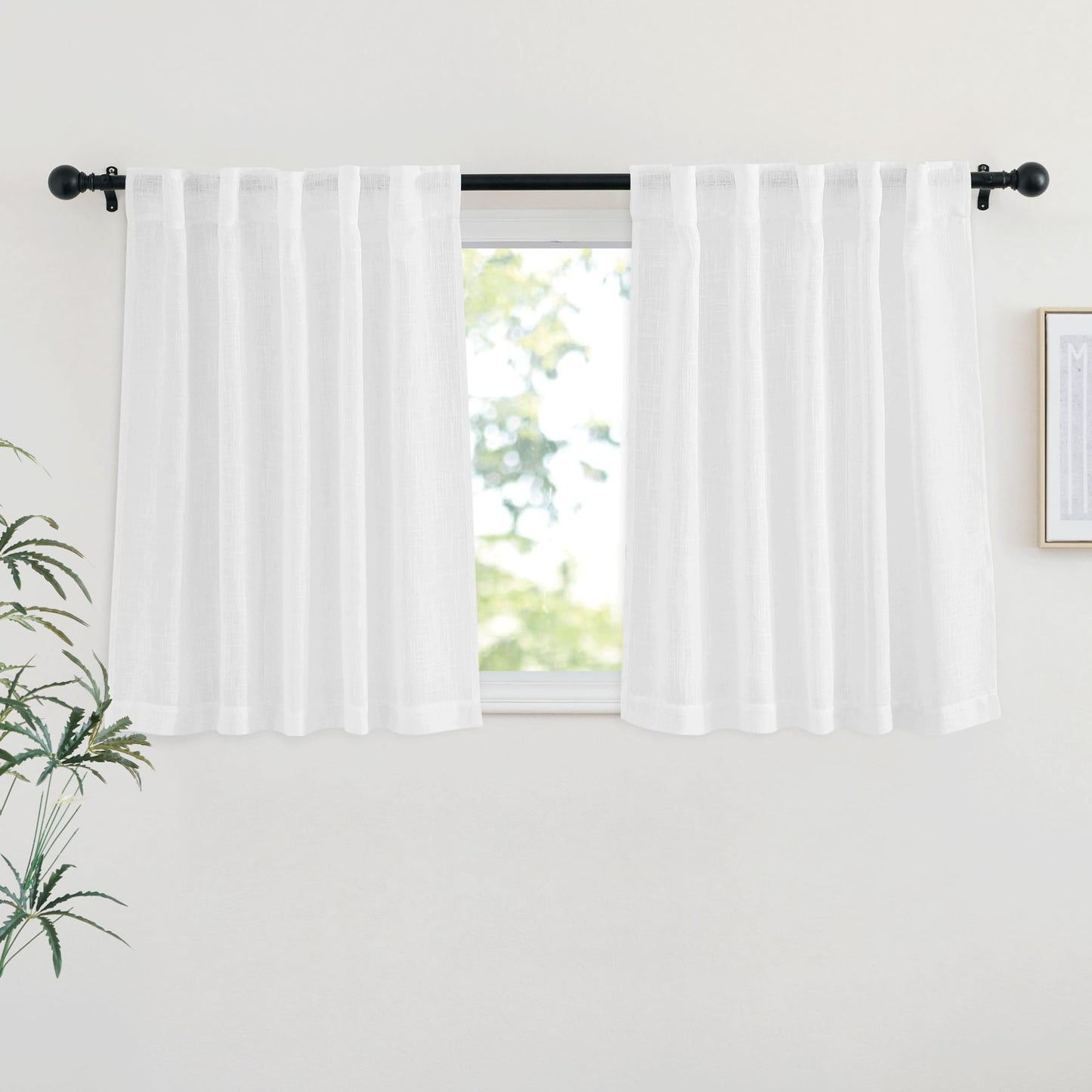 NICETOWN White Semi Sheer Kitchen Curtains 30 inch Length, Rod Pocket & Back Tab Faux Linen Blend Privacy with Light Filtering Window Drapes for Cafe, W34 x L30, 2 Panels BST220