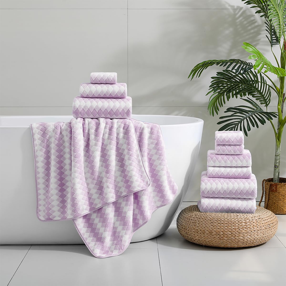 12 Pcs Light Gray Diamond Towel Set-4 Bath Towels,4 Hand Towels,4 Washcloths Soft Polyester Towels with Loop Absorbent Shower Towel Quick Dry Beach Chair Towel Family Towels for Bathroom Spa Gym Pool BST220