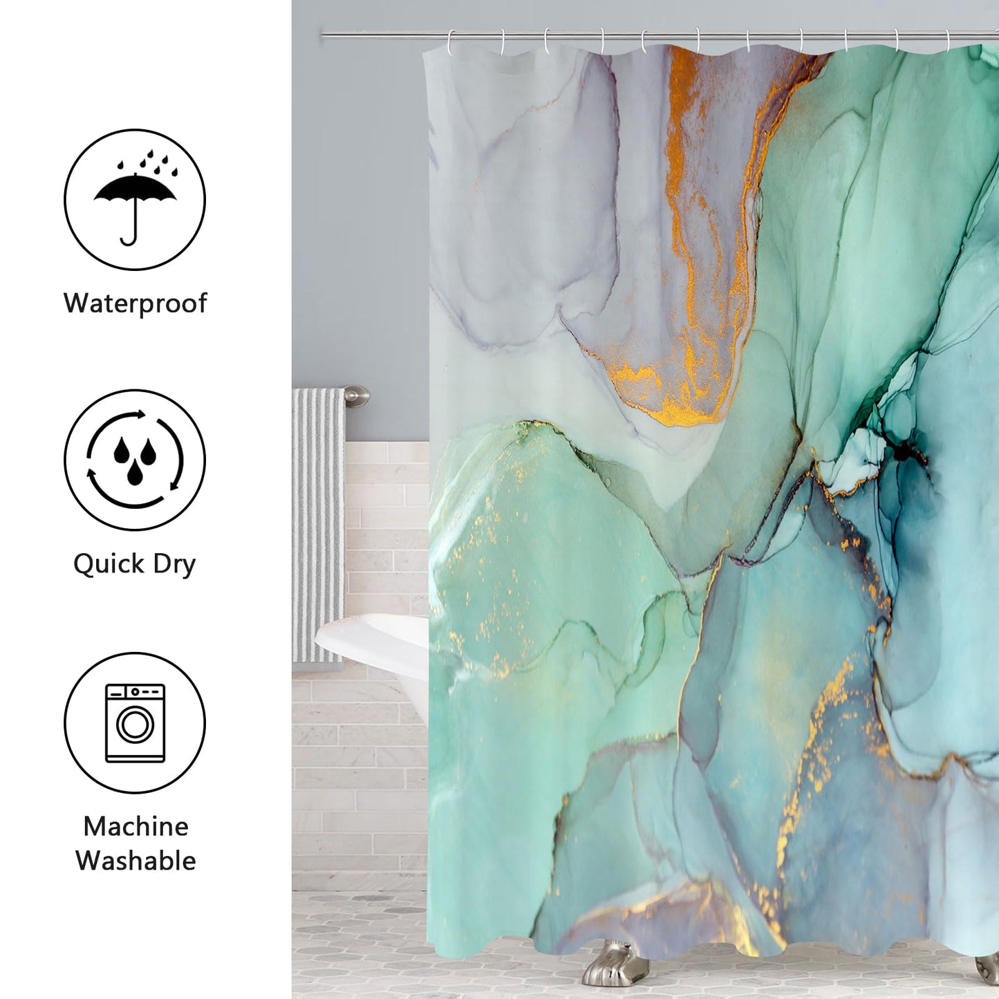 Gibelle 4 Pcs Bathroom Shower Curtain Set with Non-Slip Rugs, Toilet Lid Cover and Bath Mat, Grey Blue Marble Bathroom Decor Set with Shower Curtain and Rugs and Accessories BST326H