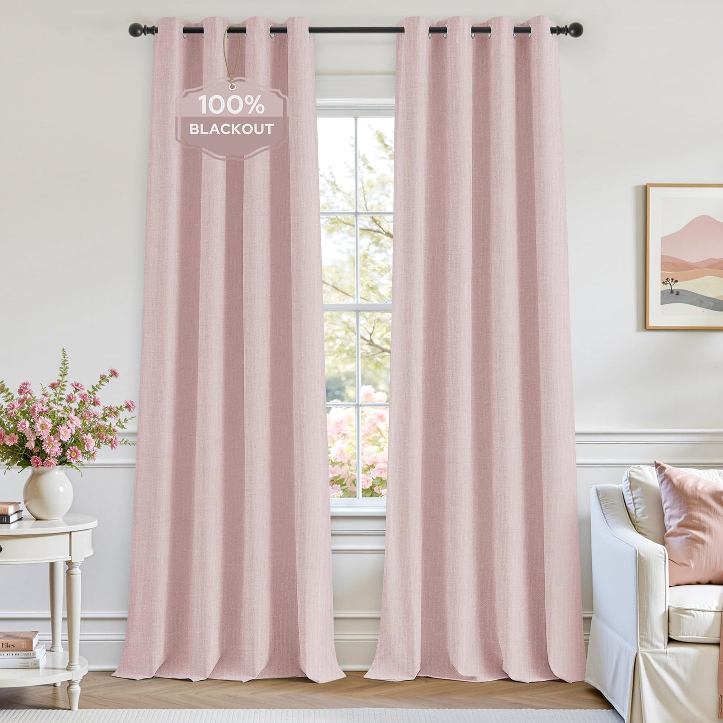 HOMEIDEAS 100% Ivory Cream Linen Blackout Curtains for Bedroom, 52 x 96 Inch Length 2 Panels Faux Linen Thermal Insulated Black Out Grommet Window Drapes for Living Room BST202