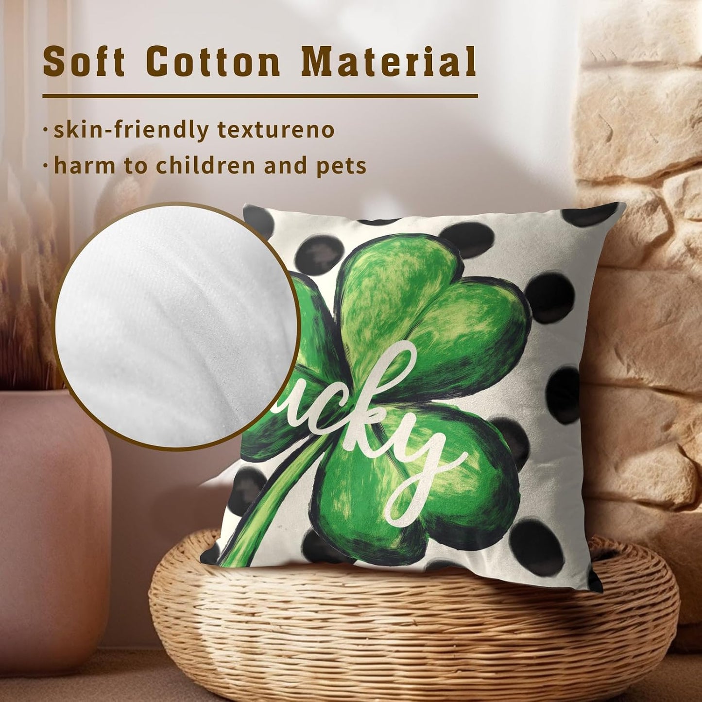 St. Patrick's Day Throw Pillow Covers 18x18 Inch Set of 2 Lucky Shamrock and Cream Dot Cushion Case Square Lucky Clover Green and Cream Throw Pillows Case for Party Sofa Couch Bed Bench Outdoor BST326H