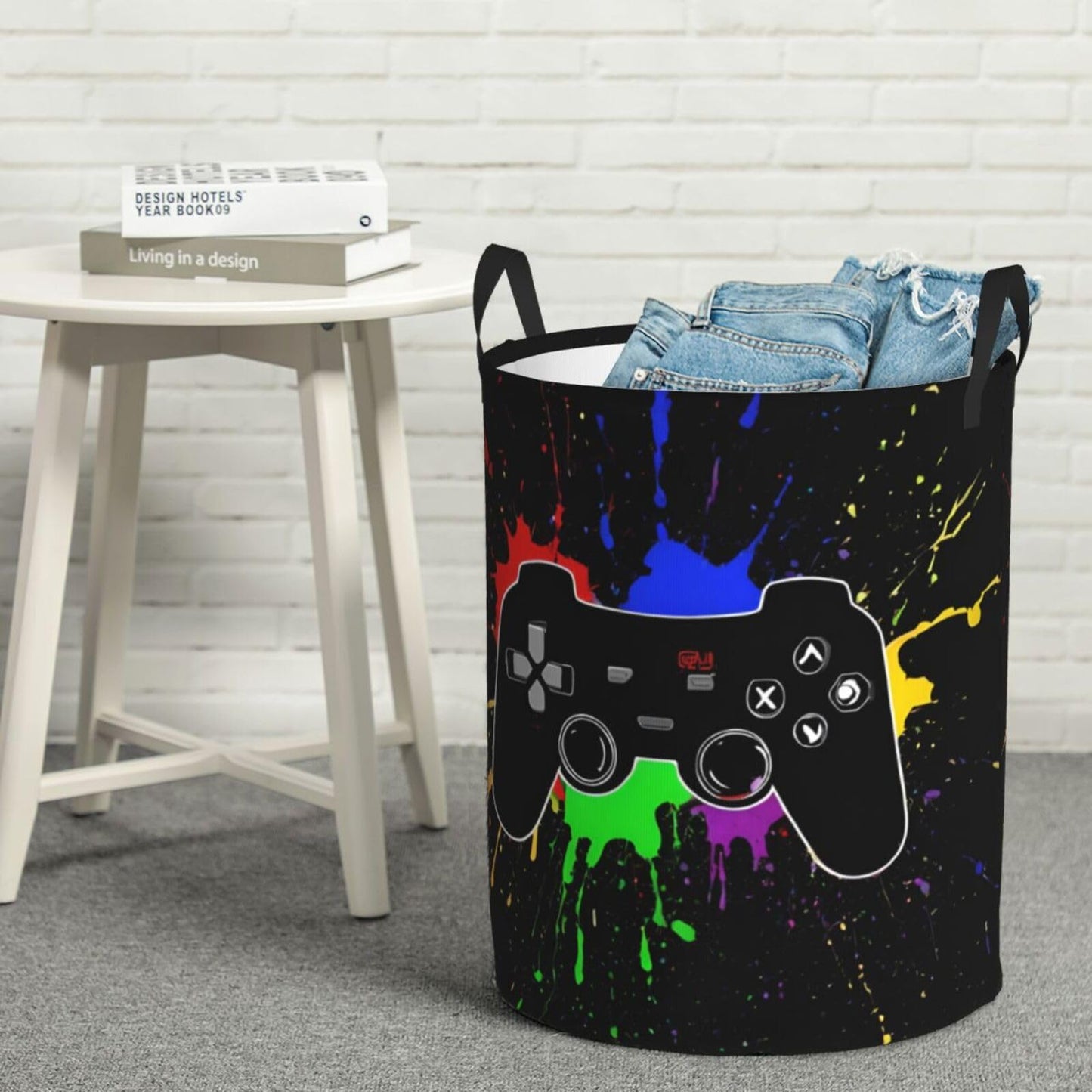 38L Round Laundry Hamper Video Game Controller Background Storage Basket Waterproof Coating Gaming Gadgets Organizer Bin For Nursery Clothes Toys BST202
