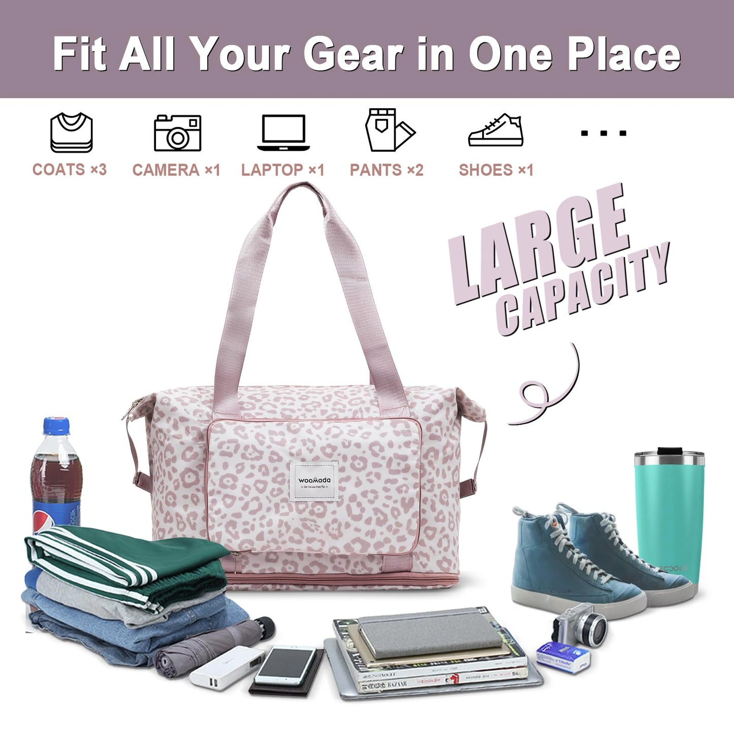 WOOMADA Foldable Travel Duffel, Weekender & Carry-On Bag with Expandable Space BST326H