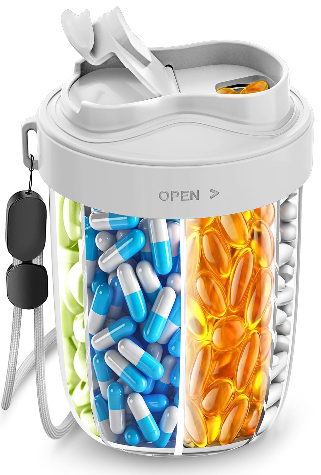 Pill Dispenser with 7 Large Compartments - Portable Pill Organizer for Travel, Anti-Mix Design & Wide Opening Design, Easy Access to Vitamin Dispenser, Includes 20 Blank Stickers (White) WN420