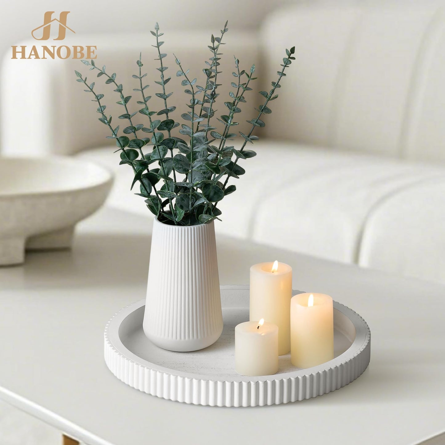 Hanobe Black Decorative Coffee Table Tray, Scalloped Edge | 12" round wood centerpiece tray, ideal for living room, entryway table, kitchen island, fits modern decor. BST326H
